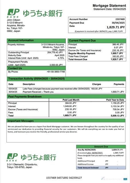 Download Japan Post Bank mortgage statement Word and PDF template Photoshop template